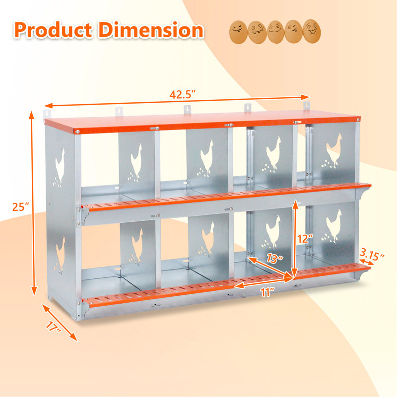 Boîte de nidification orange en métal pour canards 8 pièces en acier galvanisé ventilé à fixation murale avec assemblage d'œufs et de noix de coco