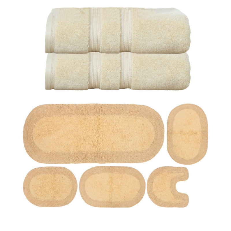 Ensemble de serviettes de bain 2 pièces et de tapis de bain 4 pièces 100% coton Brunk Collection (ensemble de 6), Jaune