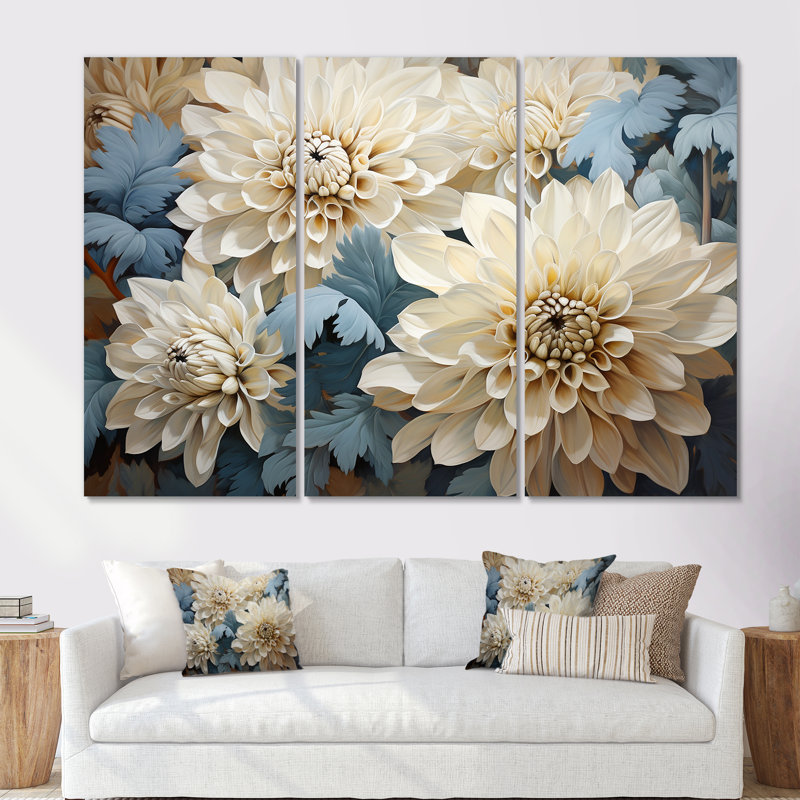 «Chrysanthemums White Blue Mosaic Garden II - Chrysanthemums», ensemble d'art sur toile, Toile tendue