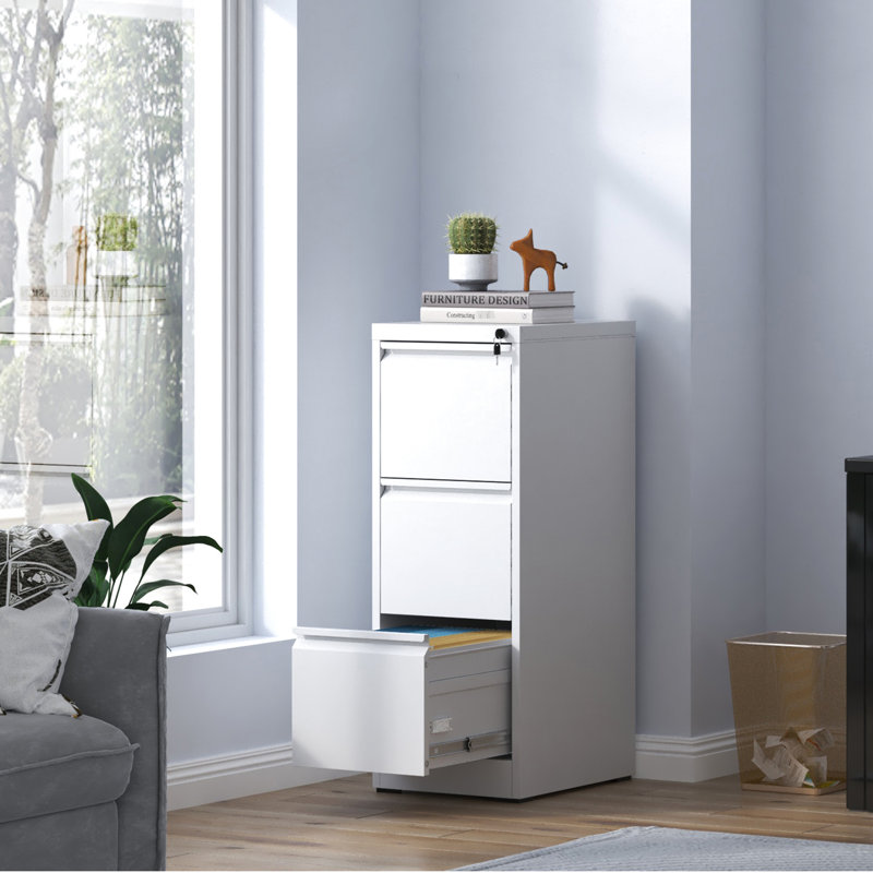 Locked Metal Vertical File Cabinet, 3 Drawers, Office/Home Storage, Steel, , Easy Access Full Extension Tilt Lockable Drawer Strong Build, Tilt, Extension, Suits Office/Home, Stores A4/Legal/Letter