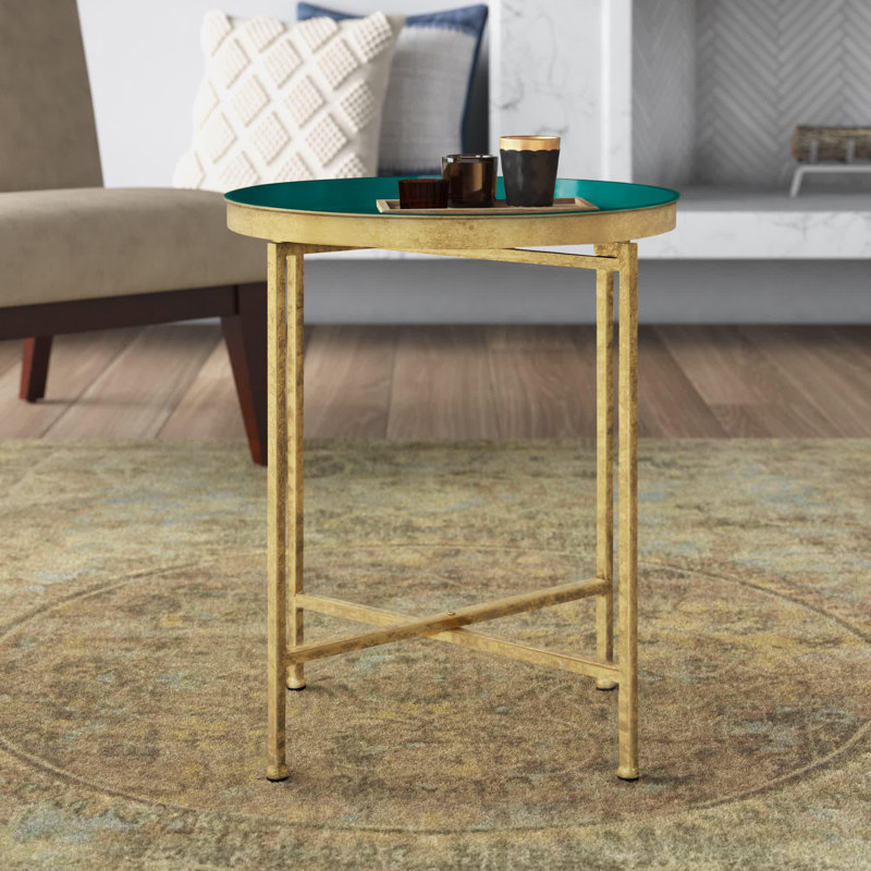 Table de bout Ekta, Doré, Bleu sarcelle, H 22 po x l 18,25 po