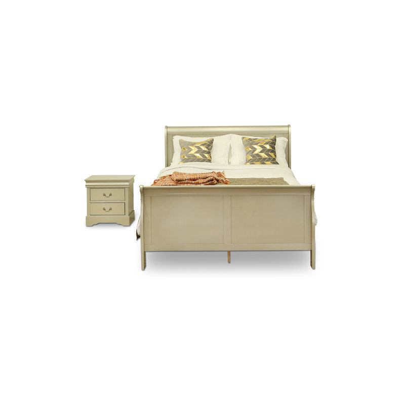 Ensemble de chambre à coucher 2 pièces, lit pour la chambre à coucher et table de chevet en bois avec tiroirs pour belle chambre à coucher, finition or métallique