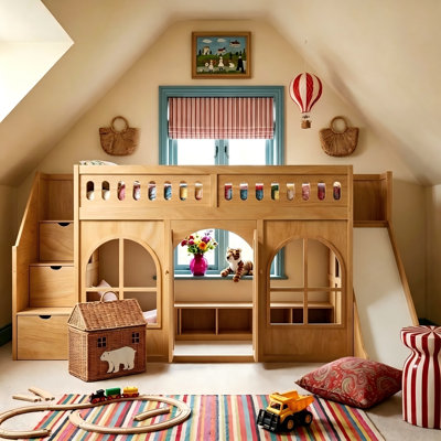 Wooden Loft Bed with Slide, Storage Staircase, Wardrobe, and Playhouse Design, Heavy-Duty Wood Slat Support, No Box Spring Needed