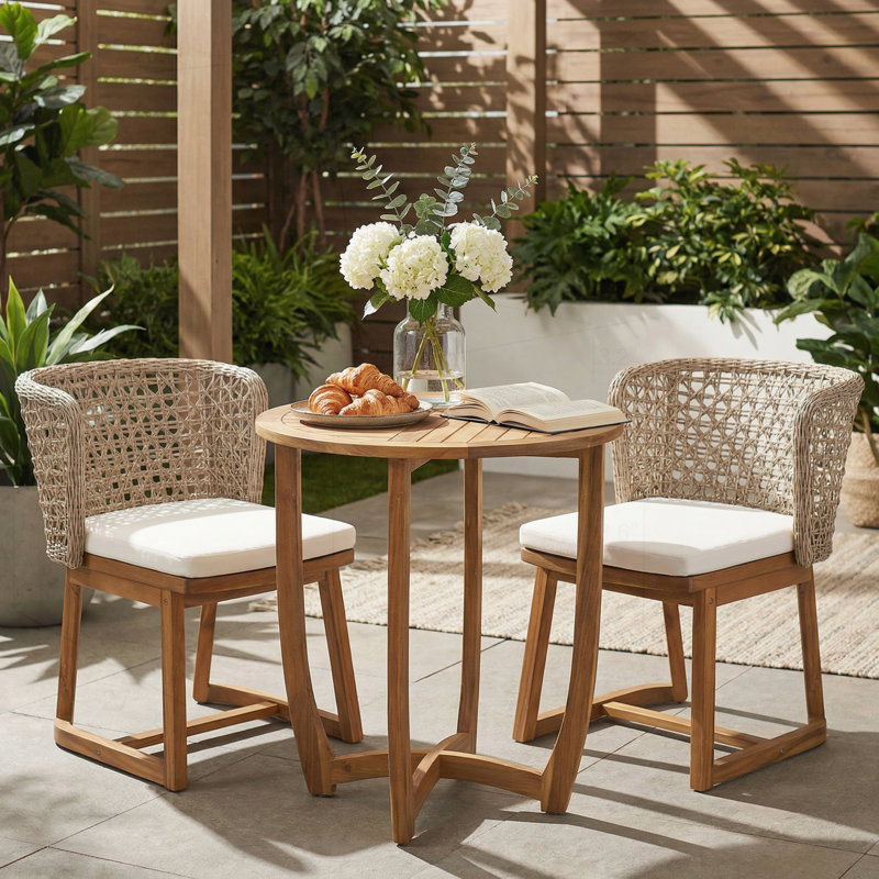 Ensemble de salle à manger 3 pièces avec table en bois d'acacia et chaises à dossier en osier, résistant aux intempéries pour le jardin et le patio