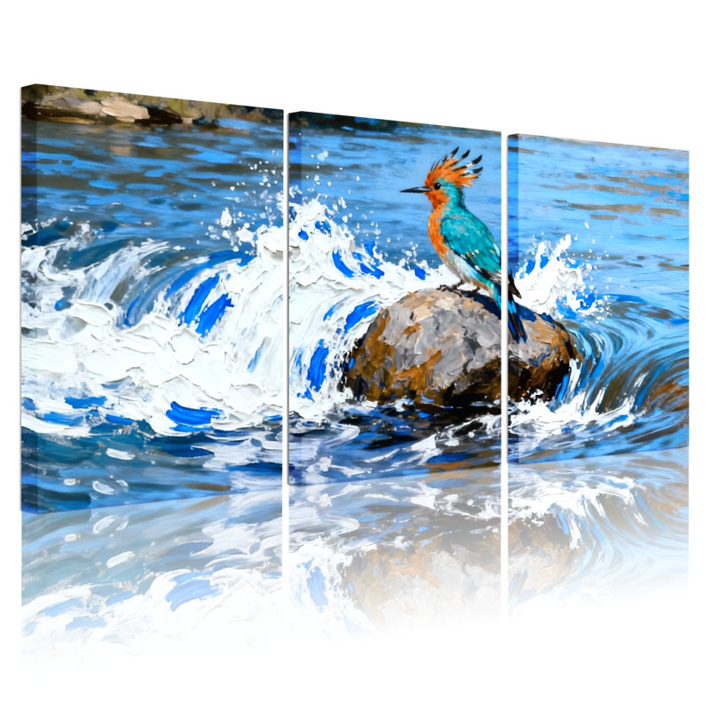 «Birds Colorful Bird On Rock In Water Splash», ensemble de 3 impressions sur toile, H 18 po x l 36 po