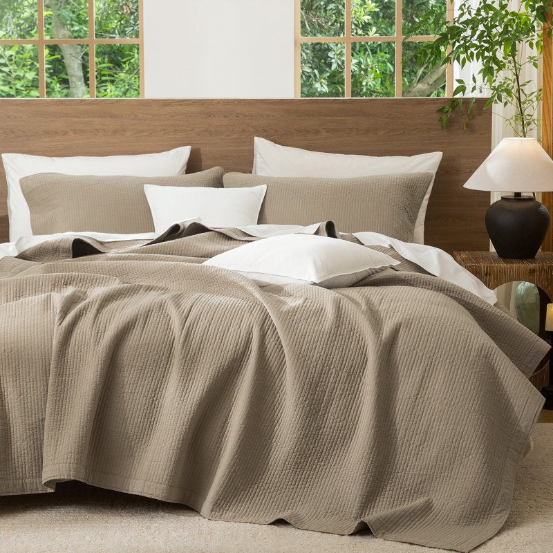 MooMee Lightweight Quilt Set 100% Washed Cotton Linen-Like Stripe Stitch Breathable All-season , Mocha Brown
