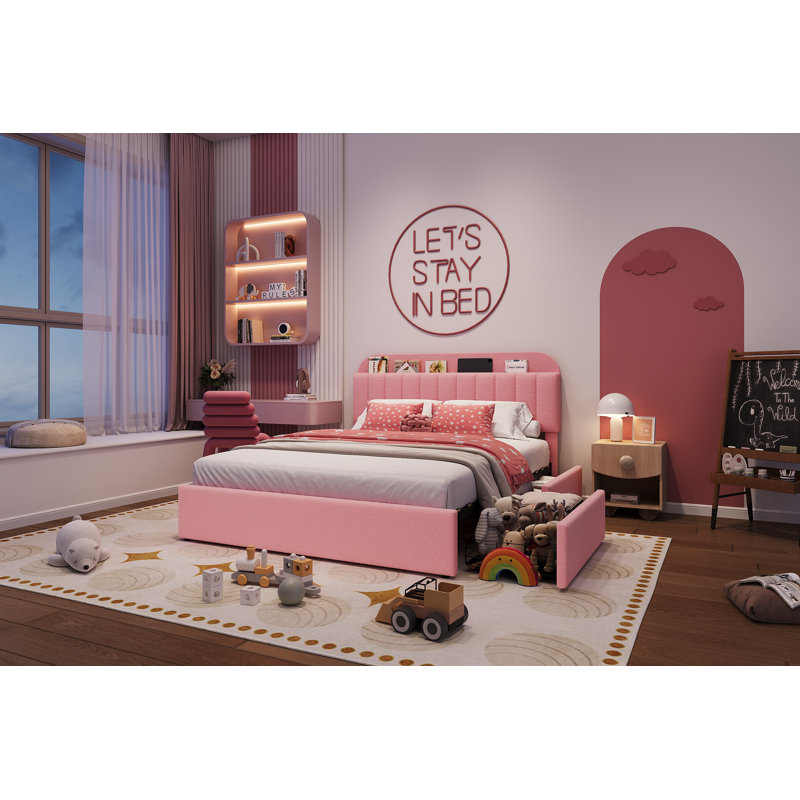 Structure de lit rembourrée en fausse fourrure avec tête de lit à 2 tiroirs, Double XL, Rose