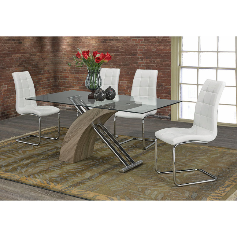 Hiskea Glass Top Pedestal Dining Set, Black/Chrome, White