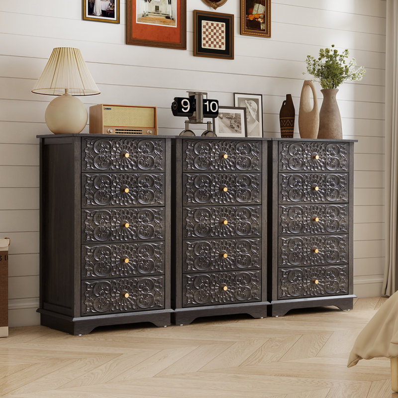 Commode embossée à 5 tiroirs l 20,07 po, Noir