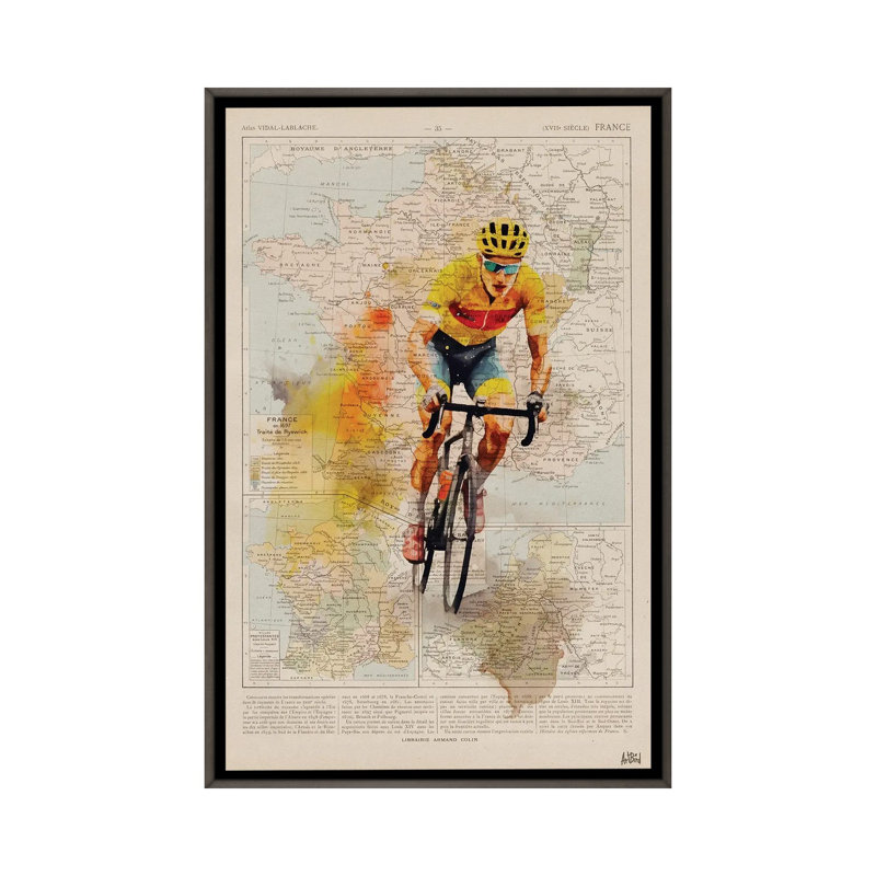 Tour de France, aquarelle, Toile avec cadre flottant foncé en bois rustique, Pas de tapis, H 60 po x l 40 po x P 1,5 po