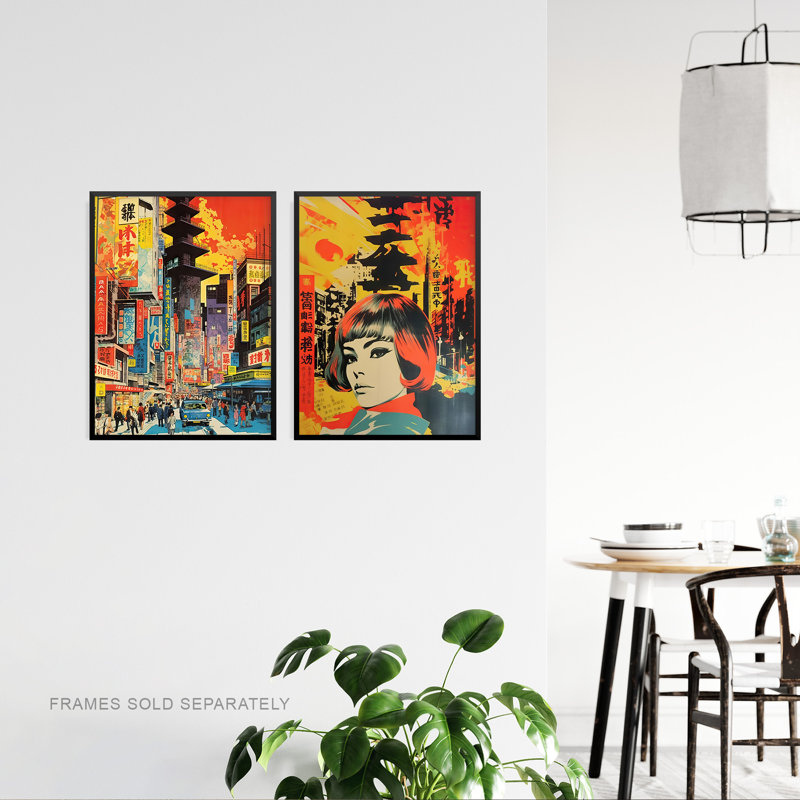 Japanese Fashion Street Scene 1960 Cityscape 2 Piece Wall Art