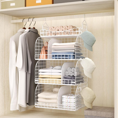 Hanging Closet Organizer With Dividers - 3 Tier Stackable Metal Hanging Shelves For Clothes, Shoes, Accessories, Foldable Storage Solution For Closet, Bathroom, Laundry Room
