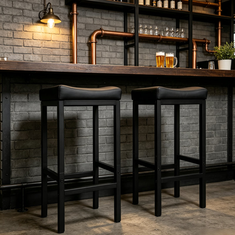 Ensemble de 2 tabourets de bar, hauteur de comptoir 75 cm (29,5 pouces), siège en similicuir cousu, structure métallique moderne pour bars résidentiels (noir)