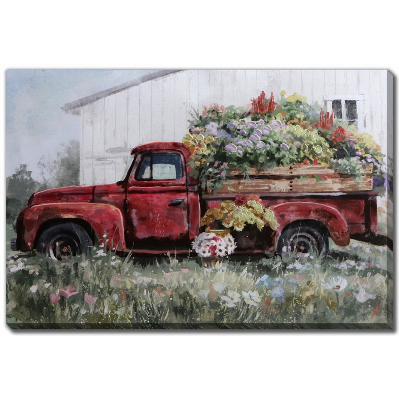 «Red Truck With Blooms», art mural sur toile