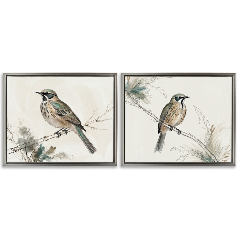 Ensemble de 2 toiles flottantes encadrées avec oiseaux perchés, illustrations par LSR Creative Studio, H 25 po x l 31 po