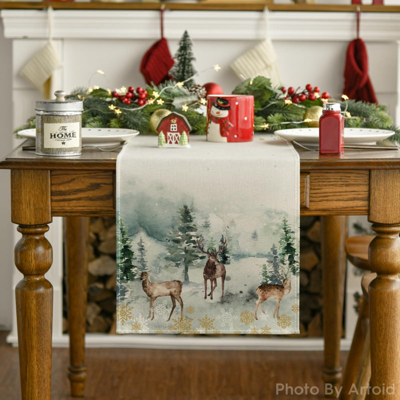 Watercolor Deer Trees Snowflakes Christmas Table Runner, Seasonal Winter Xmas Holiday Kitchen Dining Table Decoration For Indoor Outdoor Home Party Decor