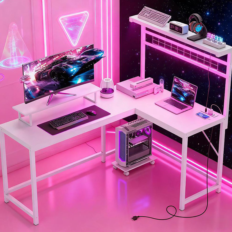 Bureau d'ordinateur, bureau de jeu en L avec prises de courant et lumières DEL, Blanc, Blanc