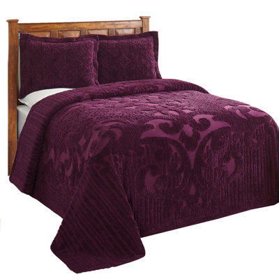 Ashton Chenille Bedspread Twin Size, 100% Cotton Floral Medallion Coverlet, Traditional Textured Heirloom Bedding, Soft Breathable All-Season Comfort, OEKO-TEX Certified, Machine Washable, Plum