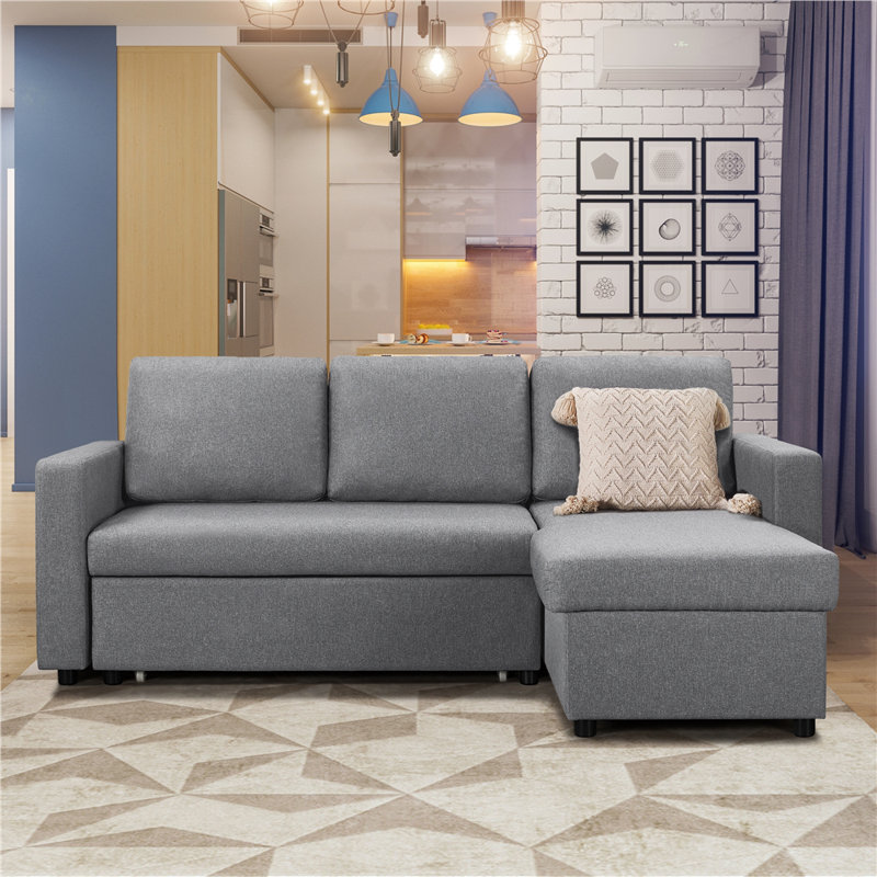Reversible Sectional Sofa with Pull Out Bed and Storage For Limited Spaces, Light Grey Polyester