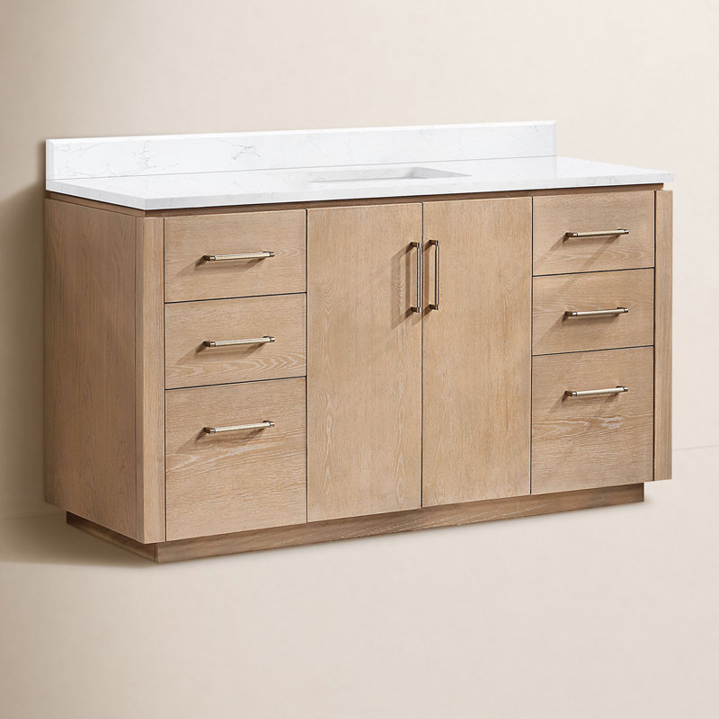 Meuble-lavabo simple 60 po avec plateau en pierre composite Cloverfield, Or, Gris cendré délavé