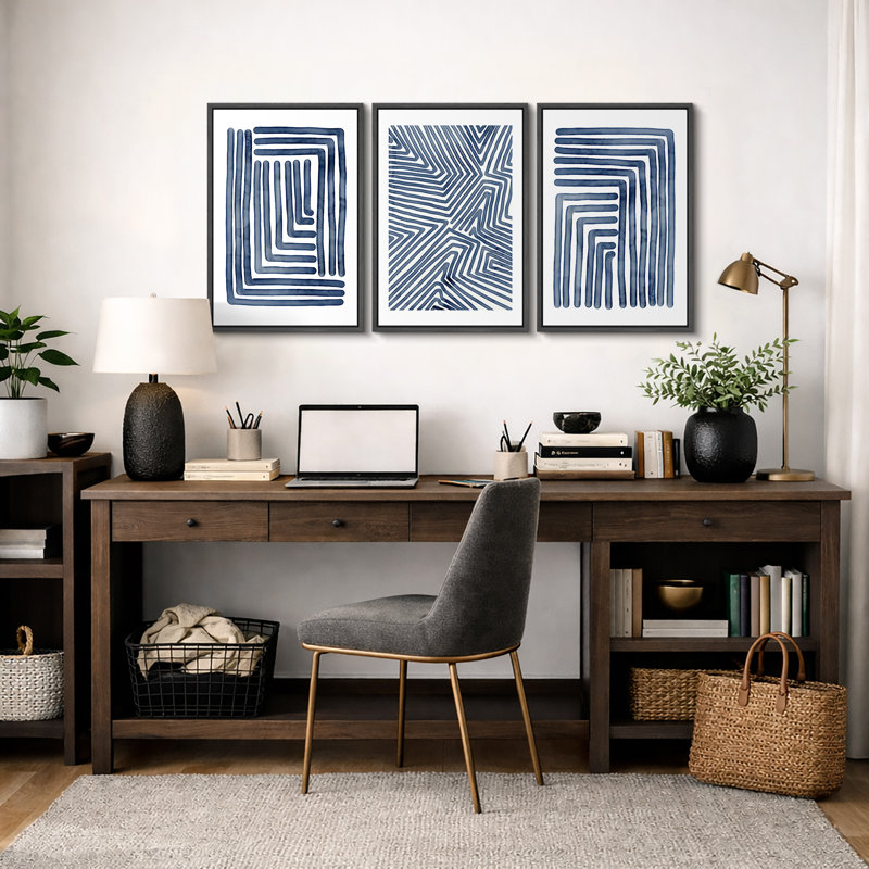 Ligne géométrique «Œuvre abstraite rayée bleu marine, images murales simples et contemporaines de chambre à coucher moderne, ensemble de 3 reproductions d'art sur toile encadrées»