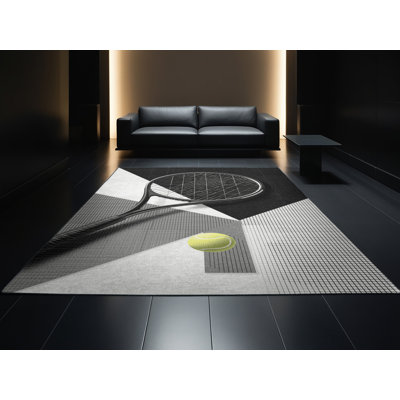 Tapis gris moelleux moelleux à motif de raquette de tennis moderne et contemporain Soft