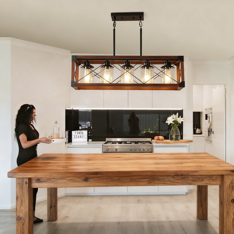 32" Walnut Industrial Farmhouse Rectangle Pendant Light, 5-Light Chandelier, Dark Brown