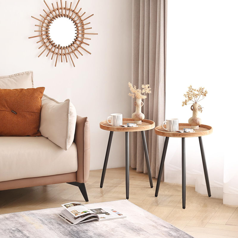 Table d'appoint ronde en rotin moderne, finition canne décorative, table de chevet multifonctionnelle, 2