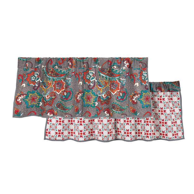Teal and Gray Paisley Floral Quilted Rod Pocket Valance