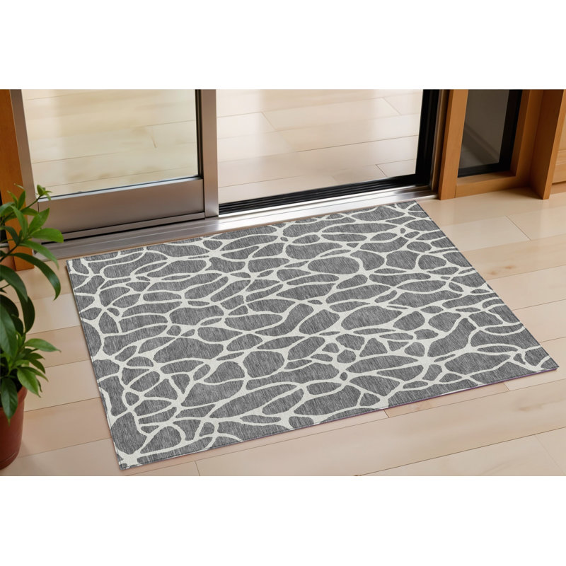 3' X 5' Gray And Ivory Geometric Washable Indoor Outdoor Area Rug