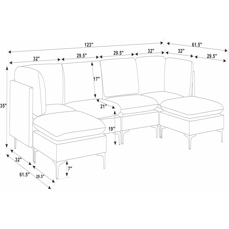 35.00×123.00×61.50 Inch Linen Modular Sectional Sofa, Custom Layout & Easy Assembly, Linen Upholstered Couch With Metal Legs For Living Room Dark Blue