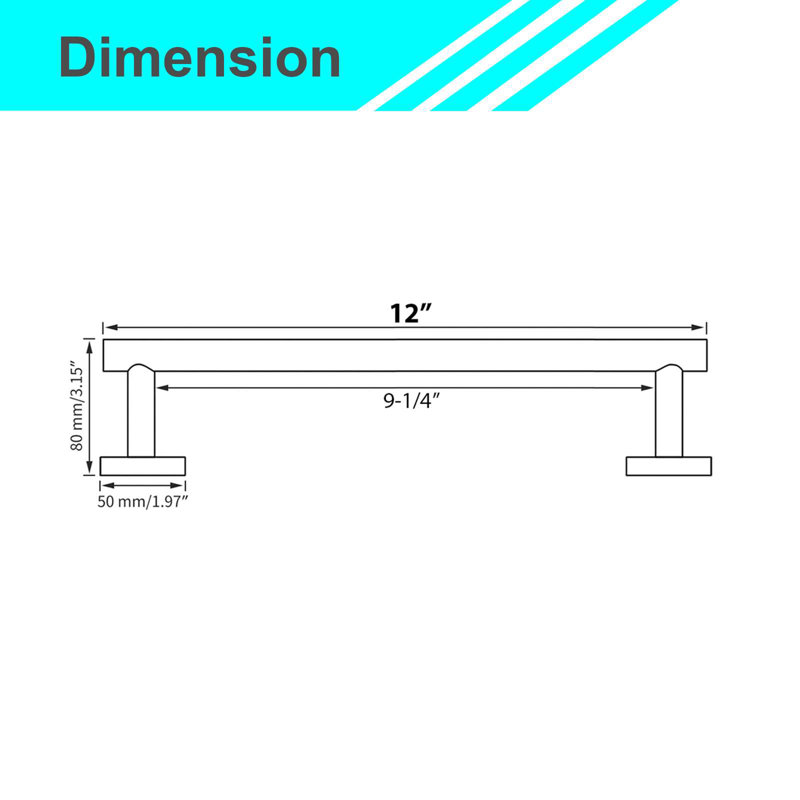 Barre à serviettes TB01-12 ", Nickel brossé, H 3,15 po x l 12 po x P 3,15 po