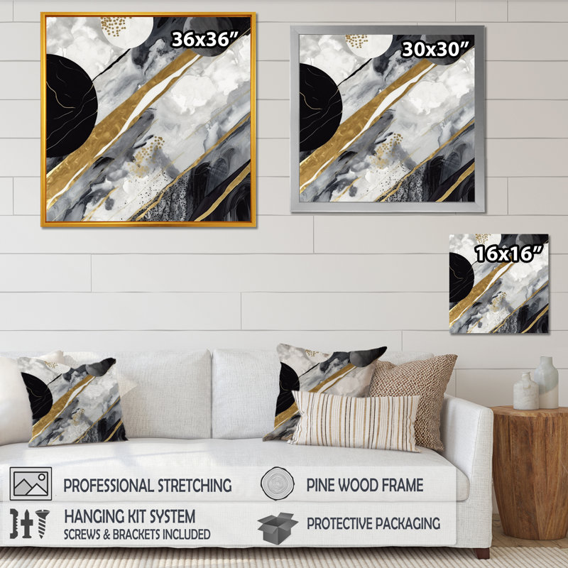 «Black Gold Fusion», art mural sur toile marbré abstrait, H 16 po x l 16 po x P 1 po, Impression noire sur toile encadrée