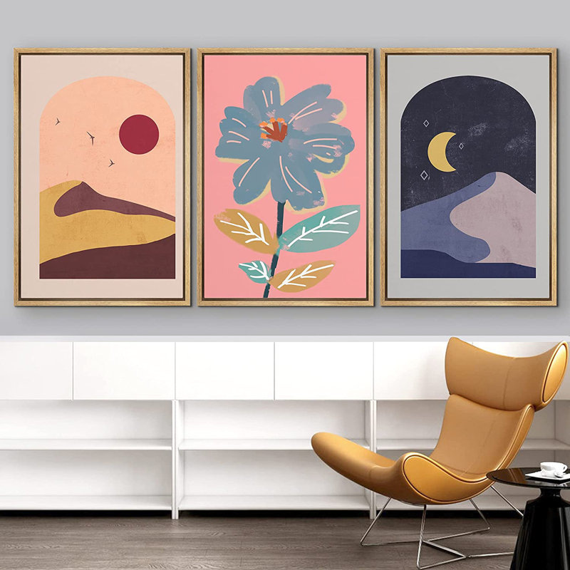 Multicolor Sun and Moon Flower Landscape - 3 pièces, reproduction sur toile encadrée flottante, H 24 po x l 48 po x P 1,5 po