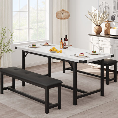 3-Piece Modern Kitchen Dinette 63" Extendable Rectangular Dining Table Set with 2 Upholstered Benches, for 4-6 People, Space-Saving Easy Assembly – Fo