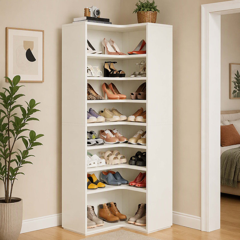 Meuble à chaussures d'angle ouvert blanc à 9 niveaux, tablette à chaussures haute et autoportante avec étagères réglables pour l'entrée