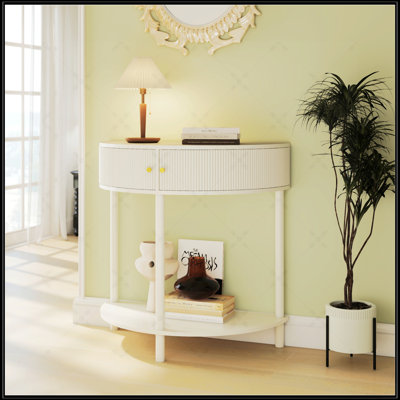 Artisan-Crafted Wave-Pattern Demi-Lune Console Table With Creamy White Finish, Unique Half Moon Design End Table With 2 Storage Drawers And Bottom Shelf For Living Room, Bedroom, Study, Hallway