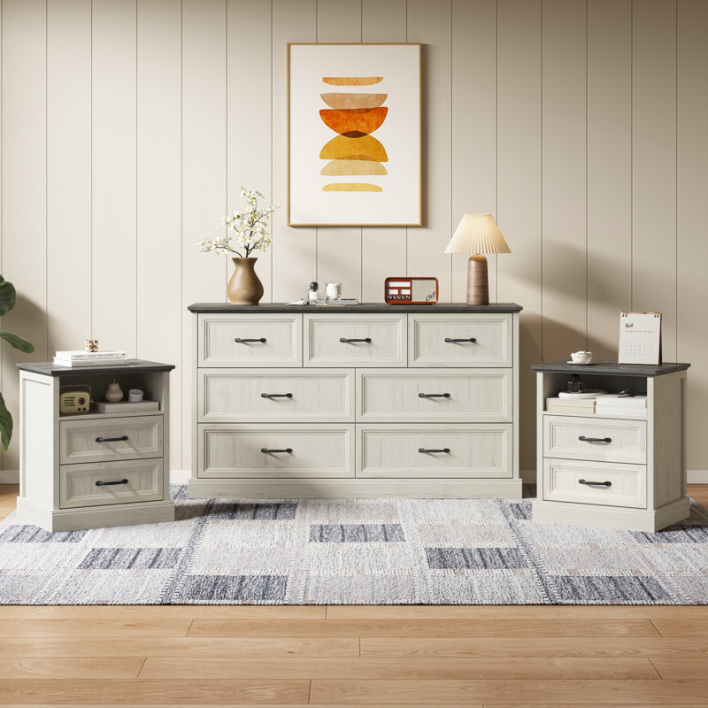 Ensemble de chambre à coucher 3 pièces, commode à 7 tiroirs et tables de chevet à 2 tiroirs, rangement pour chambre et salon