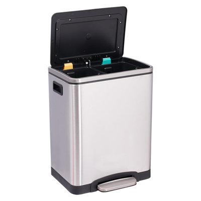 Poubelle moderne à pédale de 30 L, 2 x 4 gallons, double compartiment, en acier inoxydable, avec couvercle à fermeture douce, poubelle rectangulaire avec seau intérieur amovible pour cuisine, salle à manger, salle de bain