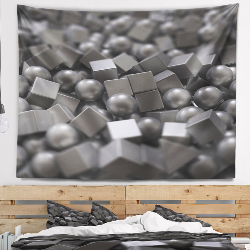 Tapisserie abstraite avec boules et cubes abstraits, H 32 po x l 39 po