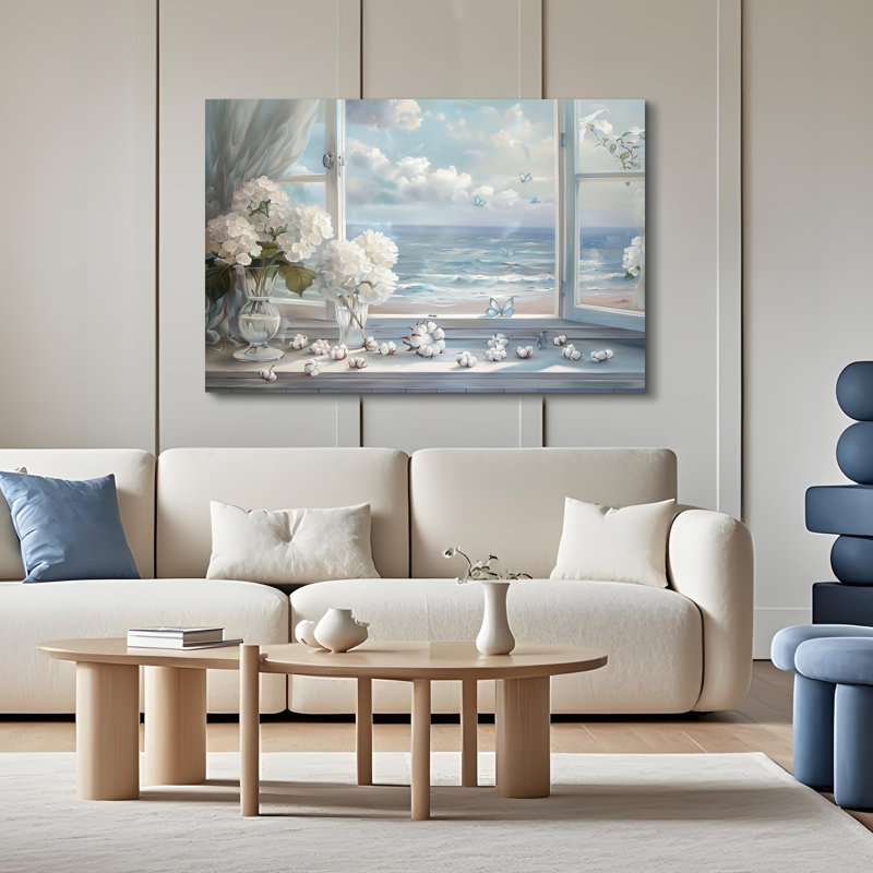 «Rustic Flower Window Seascape Seaside Scenery», art mural sur toile, H 28 po x l 40 po