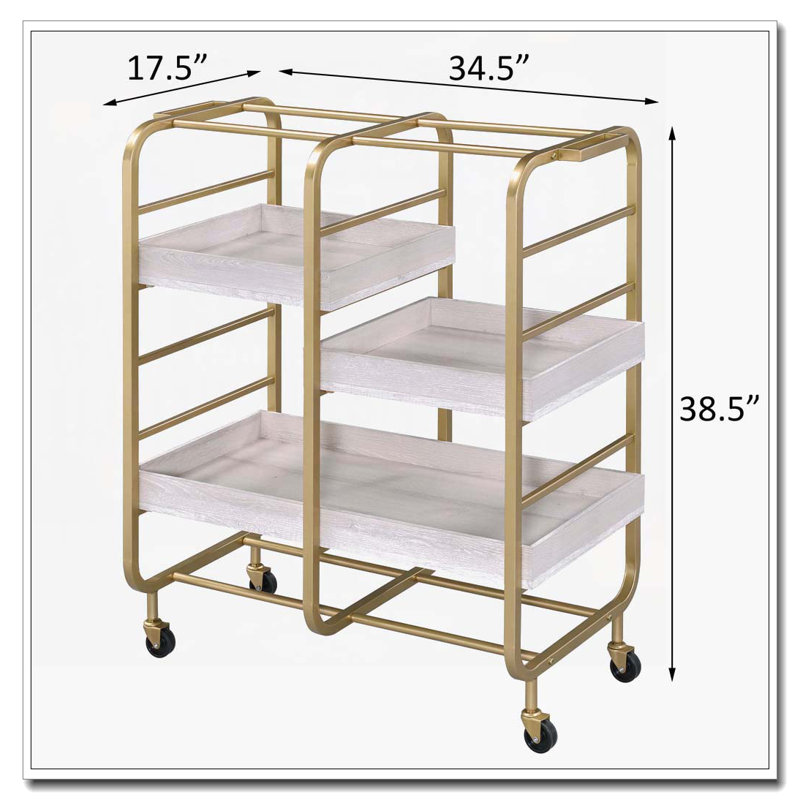 Gold and White Washed Serving Cart with 3 Adjustable Trays, Gold/White
