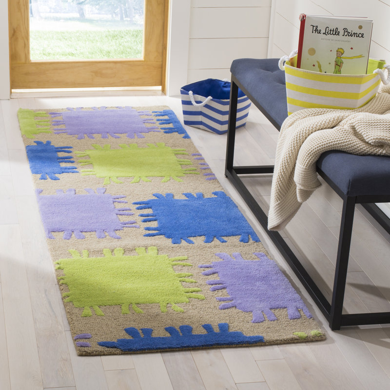 Tapis beige / bleu / vert en laine / coton touffeté à la main Kruetzen, Tapis de couloir 2 pi 3 po x 7 pi