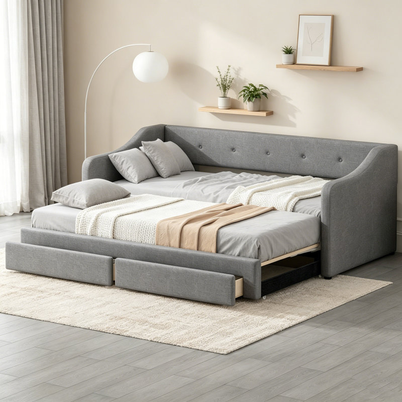 Lit de jour rembourré extensible simple TG avec très grand lit avec 2 tiroirs de rangement, gris, Grey