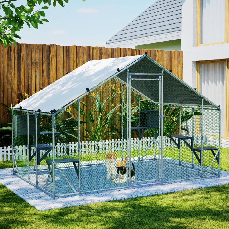 Cage d'extérieur pour chat en métal avec verrou de sécurité, bâche imperméable, H 80 po x l 122,2 po x P 80,6 po