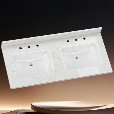 48 In. W X 22 In. D Cultured Marble White Rectangular Double Sink Bath Vanity Top Countertop With 4 In. H Backsplash