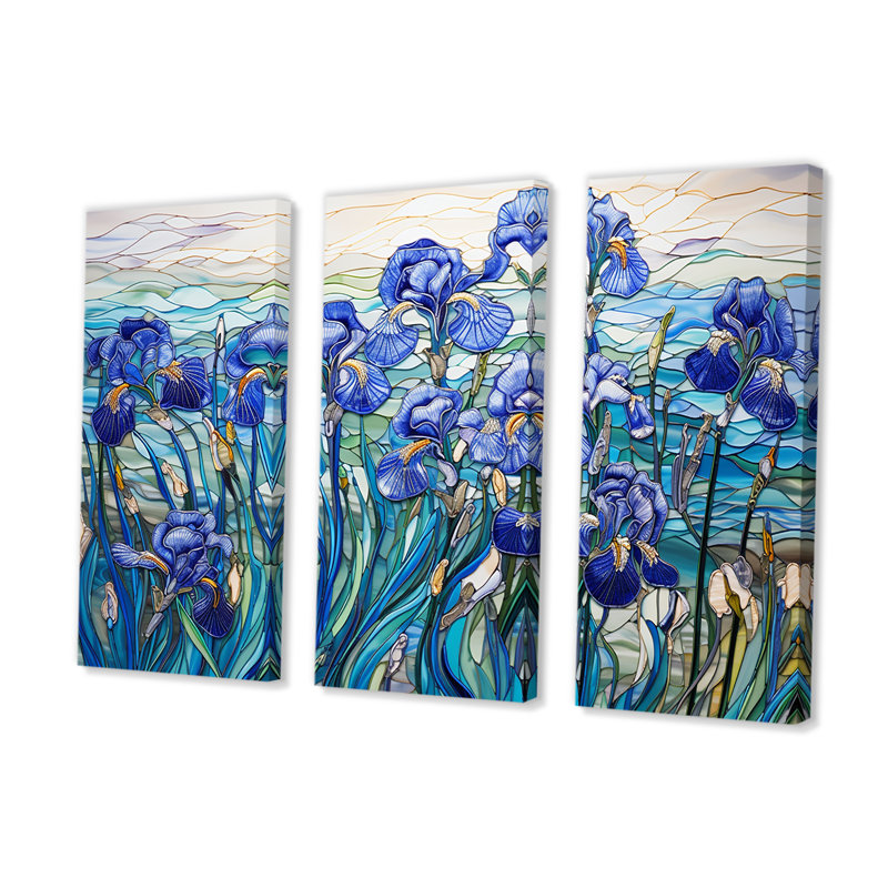 «Blue Iris Radiance By The Lake», ensemble d'art mural champ de fleurs, H 40 po x l 60 po x P 1 po