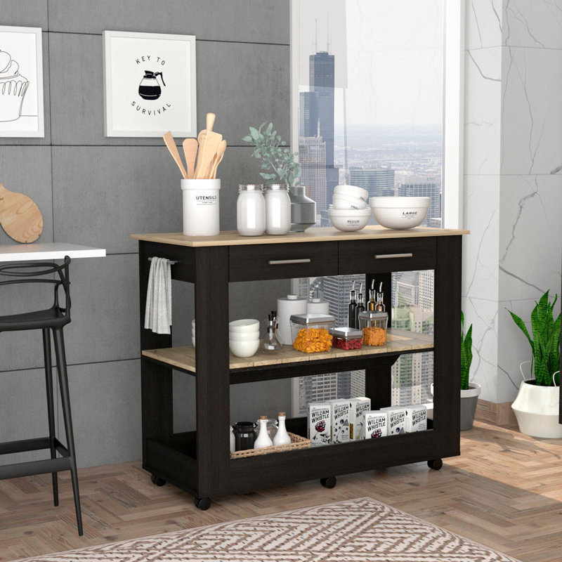 Light Oak Kitchen Island with Drawer Shelves and Casters, Black Pine, 36.5" H x 46" W x 20" D