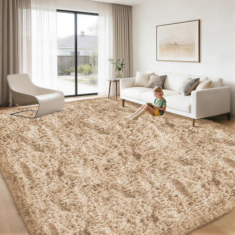 Tapis shaggy doux et moelleux couleur camel pour salon et chambre