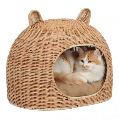 Emiliann Cat Ear Coastal Handwoven Rattan Cat Bed with Machine-Washable Cushion